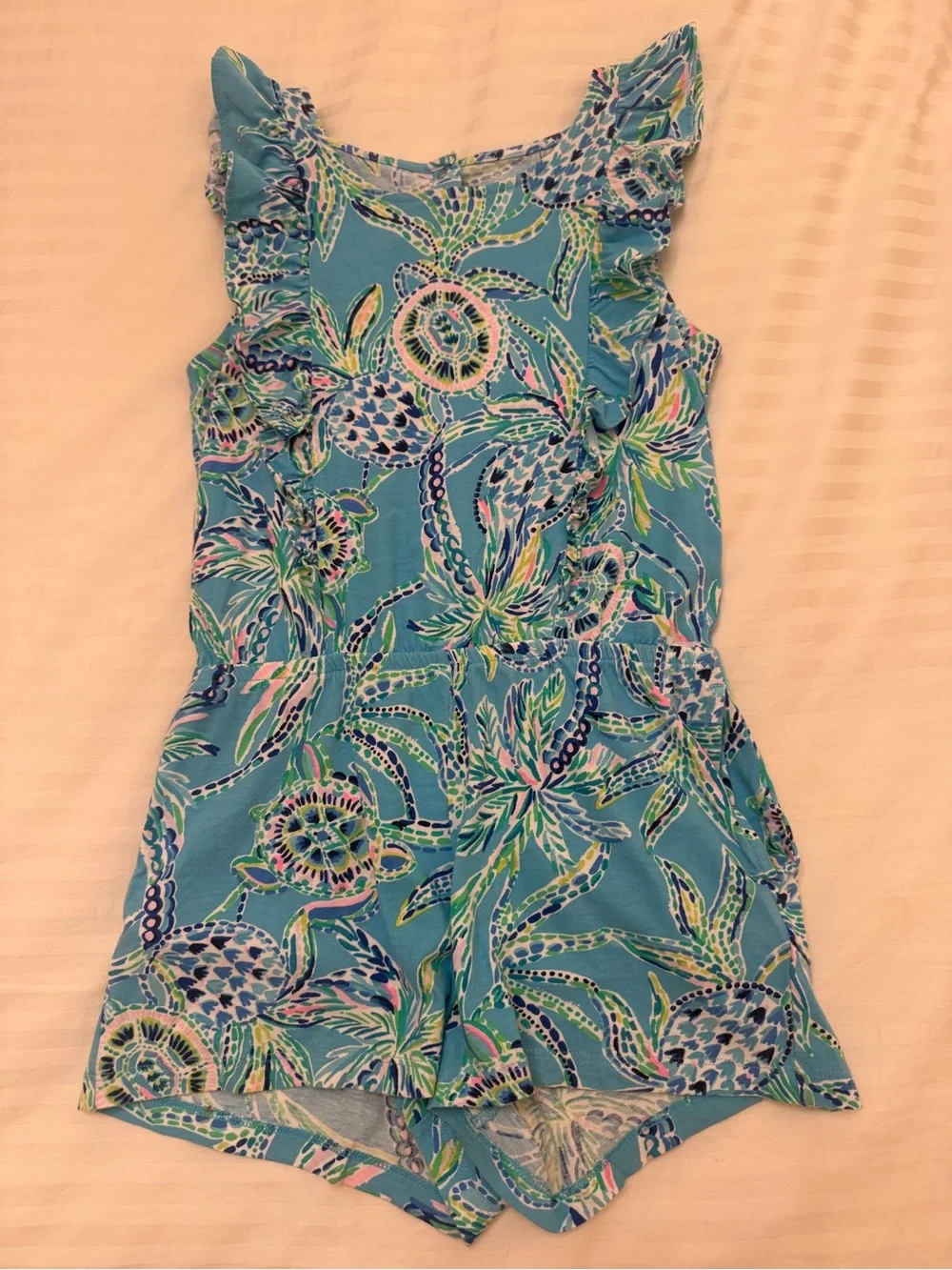 Lilly Pulitzer Blue Tropical Print Ruffle Romper Size 8/10 Girls